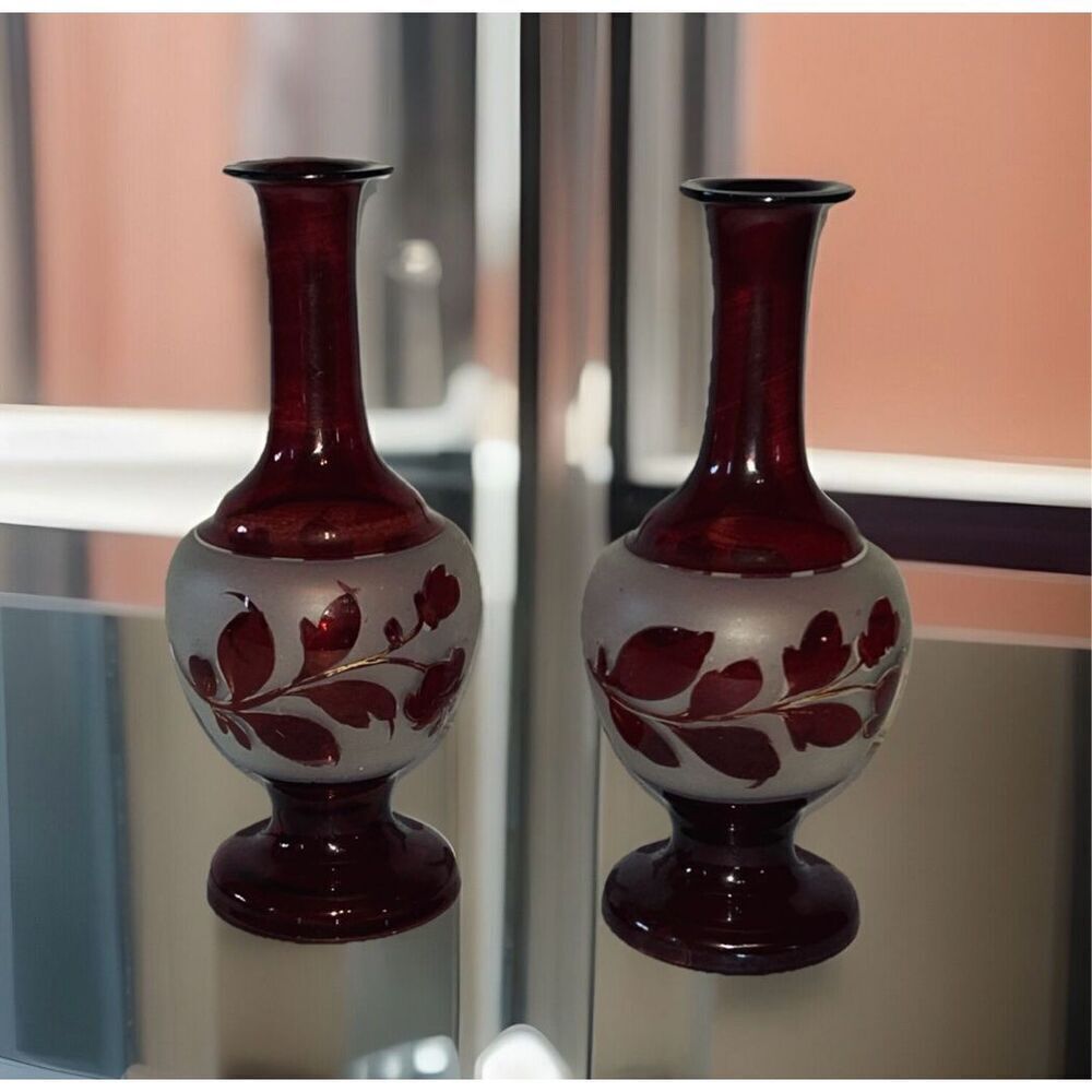 2  Vintage Czech Bohemian Ruby Red Frosted Hand Blown Glass Bud Vases - Picture 2 of 6